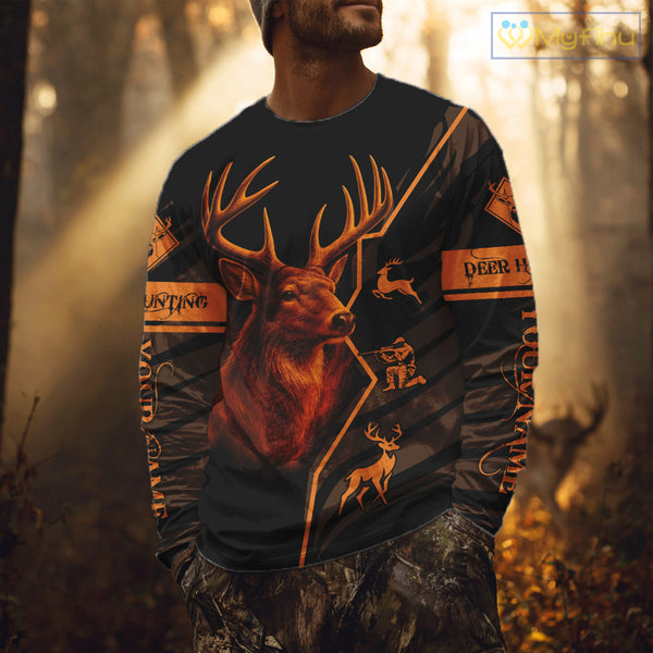 Black Orange Deer Hunting Shirt Personalized Custom Name 3D Full Print For Deer Hunters NHT57