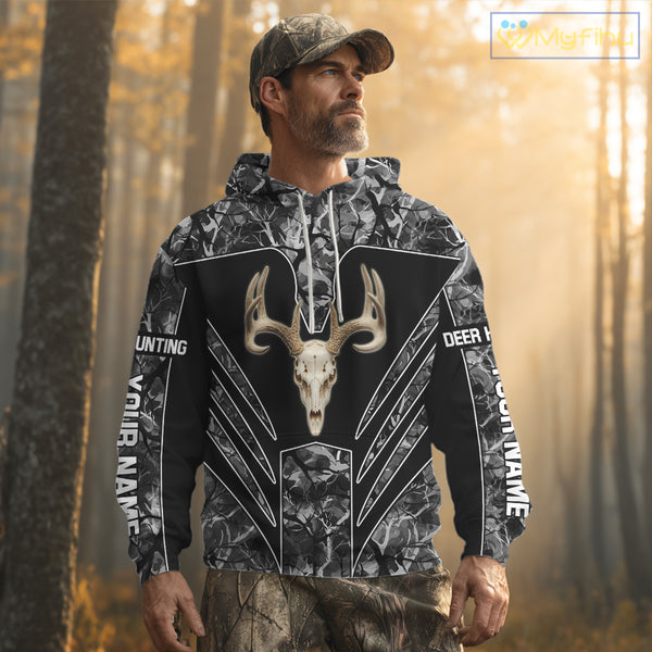 Beautiful Gray Black Camo Deer Hunting Shirt With Skull Print And US Flag Hunting Gifts NHT68