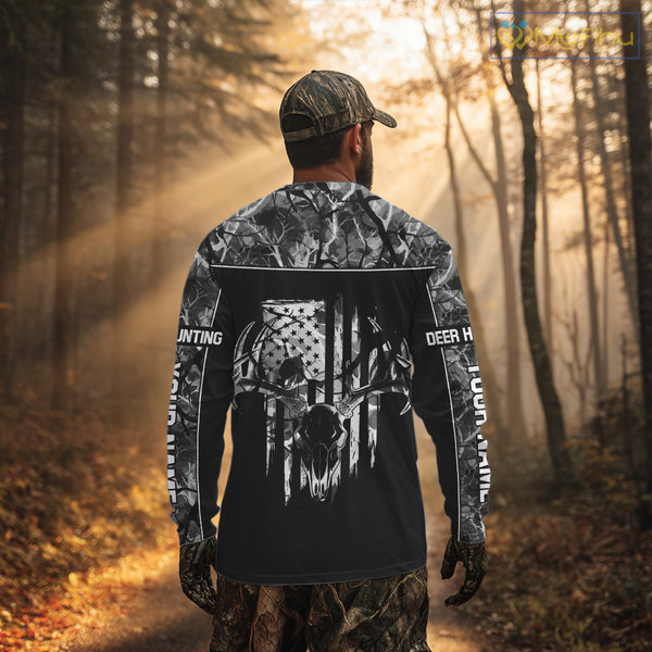 Beautiful Gray Black Camo Deer Hunting Shirt With Skull Print And US Flag Hunting Gifts NHT68
