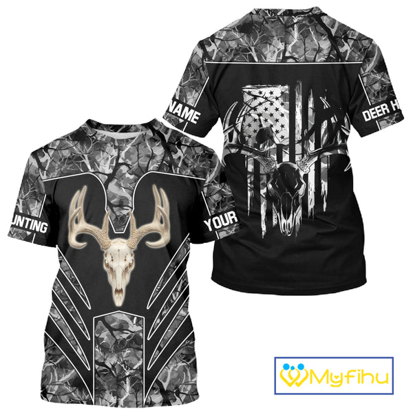 Beautiful Gray Black Camo Deer Hunting Shirt With Skull Print And US Flag Hunting Gifts NHT68