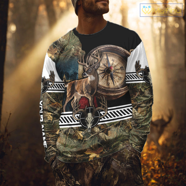 Deer Hunting Shirt Compass Design Forest Camo Custom Name Whitetail Deer Hunting Clothes NHT85
