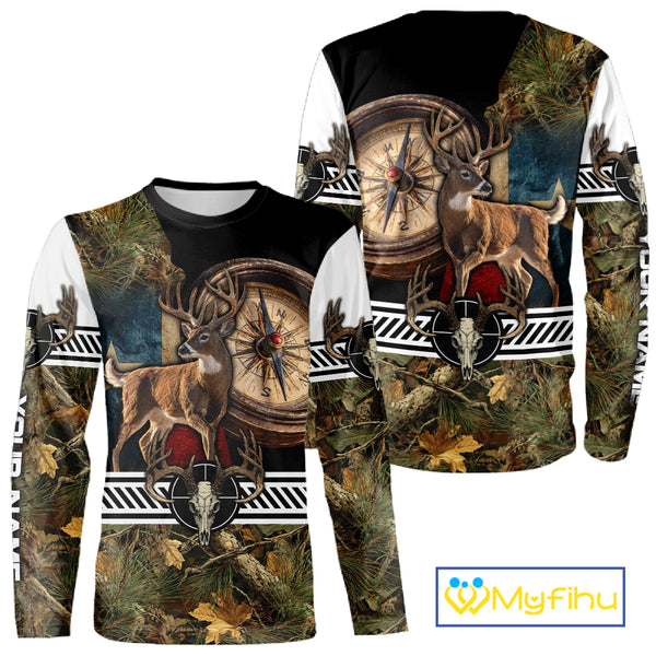 Deer Hunting Shirt Compass Design Forest Camo Custom Name Whitetail Deer Hunting Clothes NHT85