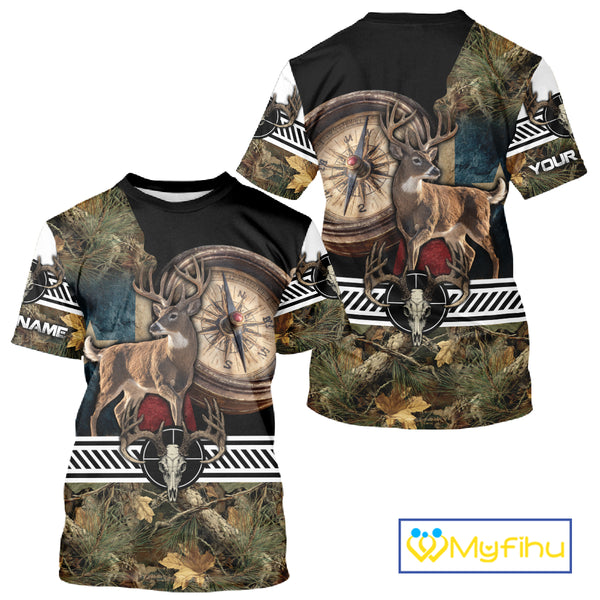 Deer Hunting Shirt Compass Design Forest Camo Custom Name Whitetail Deer Hunting Clothes NHT85