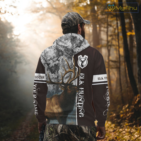 Elk Hunting Shirt Personalized 3D All Over Print Brown With Gray Camo Hunting Clothes NHT99