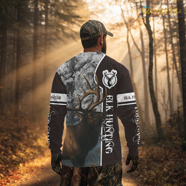 Elk Hunting Shirt Personalized 3D All Over Print Brown With Gray Camo Hunting Clothes NHT99