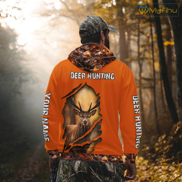 Deer Hunting Shirt Orange Forest Camo Hoodie, Long Sleeve Custom Name For Men NHT06