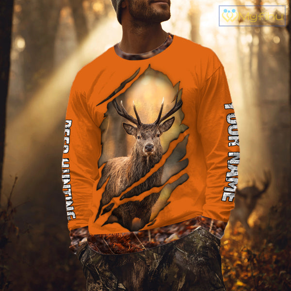Deer Hunting Shirt Orange Forest Camo Hoodie, Long Sleeve Custom Name For Men NHT06