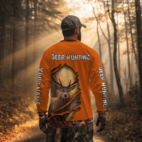 Deer Hunting Shirt Orange Forest Camo Hoodie, Long Sleeve Custom Name For Men NHT06