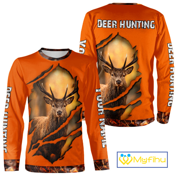 Deer Hunting Shirt Orange Forest Camo Hoodie, Long Sleeve Custom Name For Men NHT06