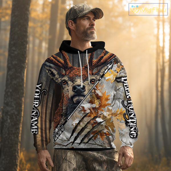 Whitetails Deer Hunting Shirt Custom Name Beautiful Camo Autumn Leaves For Deer Hunters NHT37