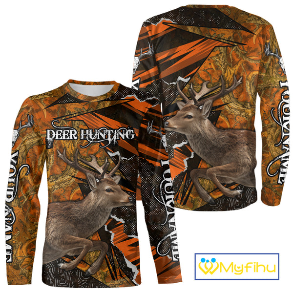 Best Deer Hunting Shirt Personalized 3D All Over Print Black With Orange Camo Hunting Clothes NHT61