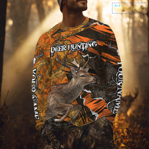 Best Deer Hunting Shirt Personalized 3D All Over Print Black With Orange Camo Hunting Clothes NHT61