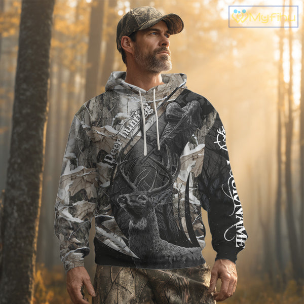 Custom 3D Deer Hunting Shirt With Black Deer Grim Reaper Winter Camo For Deer Hunting Season NHT74