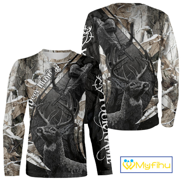 Custom 3D Deer Hunting Shirt With Black Deer Grim Reaper Winter Camo For Deer Hunting Season NHT74