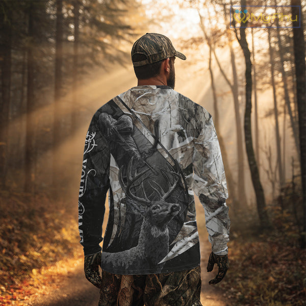 Custom 3D Deer Hunting Shirt With Black Deer Grim Reaper Winter Camo For Deer Hunting Season NHT74