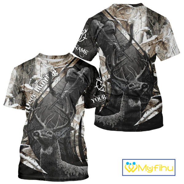 Custom 3D Deer Hunting Shirt With Black Deer Grim Reaper Winter Camo For Deer Hunting Season NHT74