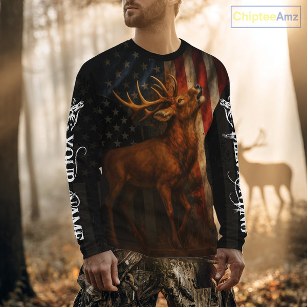 Best Season Deer Hunting Shirt Black with US Flag 3D Custom Name Clothes For Hunters NHT92