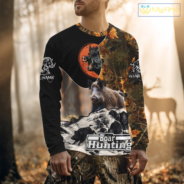 Camo Forest Hunting Animals Wild Boar 3D All Over Printed Shirt Custom Name & Hunting Gift NHT109