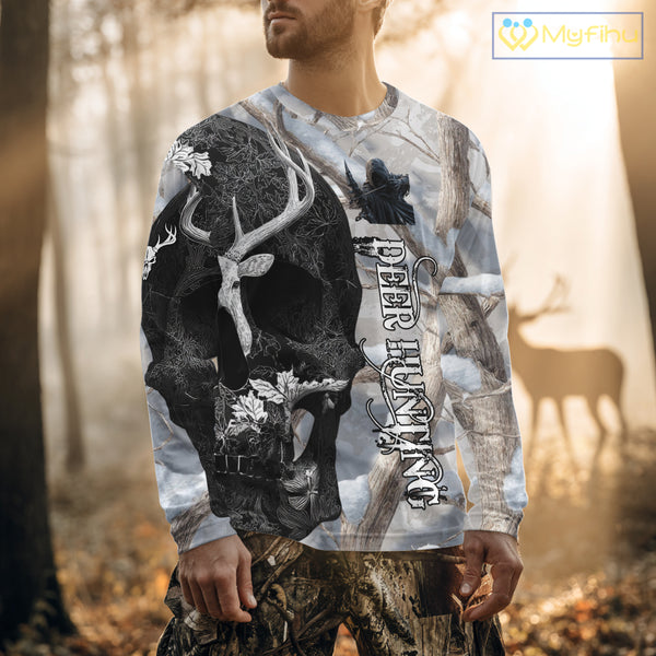Snow Deer Hunting Shirt Deer Skull Camo Full Printing Custom Name For Deer Hunters, Best Hunting Gifts NHT21