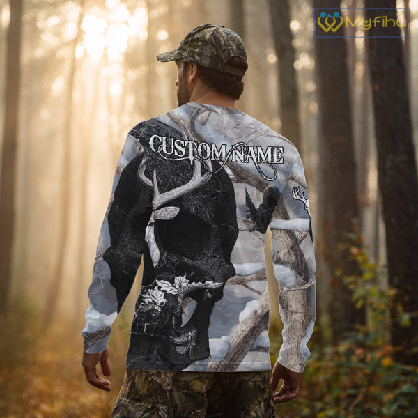 Snow Deer Hunting Shirt Deer Skull Camo Full Printing Custom Name For Deer Hunters, Best Hunting Gifts NHT21
