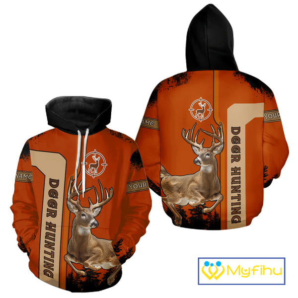 Custom Orange Whitetail Deer Hunting 3D Shirt With Name Print For Hunters, Hunting Gift NHT69