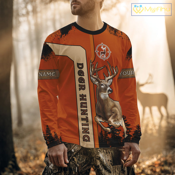 Custom Orange Whitetail Deer Hunting 3D Shirt With Name Print For Hunters, Hunting Gift NHT69