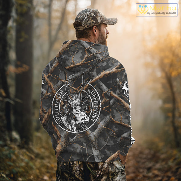 Deer Hunting Grey Camo 3D Shirts with Antler Skull Graphic, Funny Hunting Outfit for Hunters NBT71
