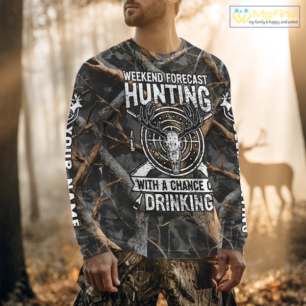 Deer Hunting Grey Camo 3D Shirts with Antler Skull Graphic, Funny Hunting Outfit for Hunters NBT71