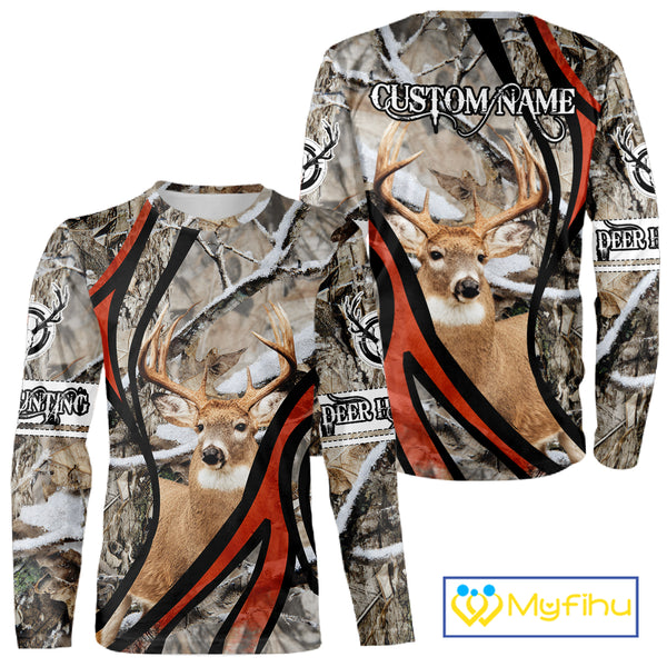 Whitetail Deer Hunting Shirt Custom Name Snow Camo, Season Deer Hunting Clothes For Men NHT80