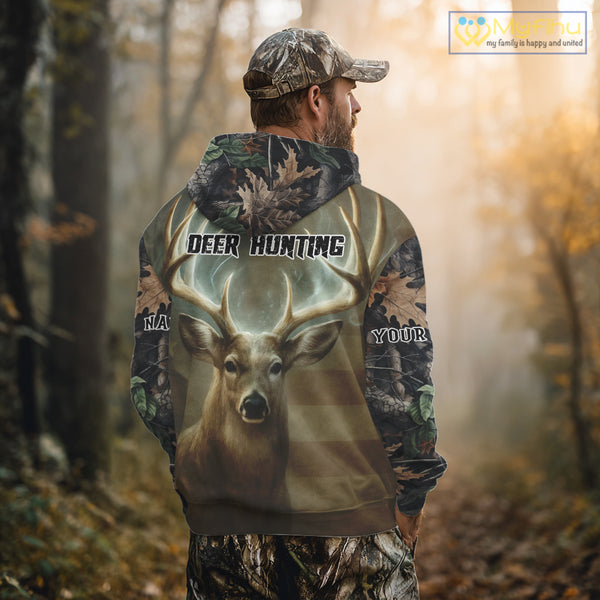 Deer Hunting American Flag Camo Hoodie, Long Sleeve Shirt – Buck Head Graphic NHT01