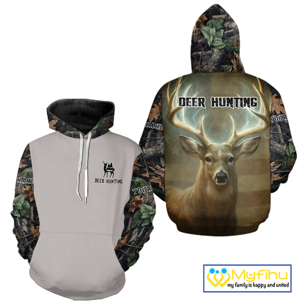 Deer Hunting American Flag Camo Hoodie, Long Sleeve Shirt – Buck Head Graphic NHT01
