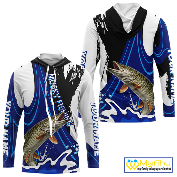 Musky Fishing Jersey Personalized Name Hooded Fishing Shirt, Angler Tournament Fishing Apparel NHT870