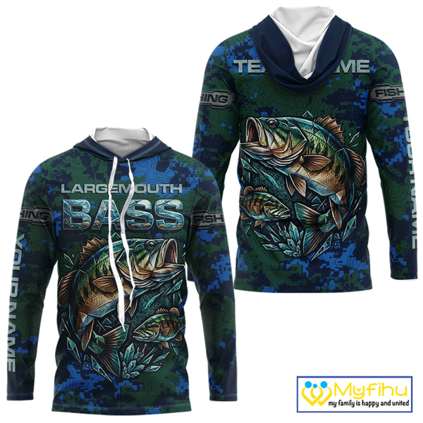 Green Camo Bass Fishing Shirt Long Sleeve Hooded, Bass Fishing Jersey, Performance Fishing Apparel NHT877
