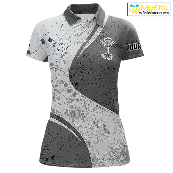 Womens Disc Golf Polo Shirt Gray Camo Disc Golf Basket, Personalized Disc Golf Shirts NHT896
