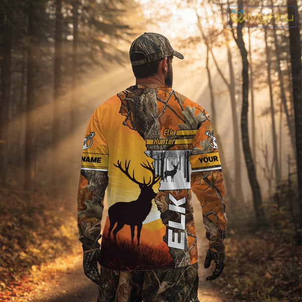 Elk Hunting Shirt Personalized 3D All Over Print Orange Autumn camo, Elk Hunting Shirt NHT137