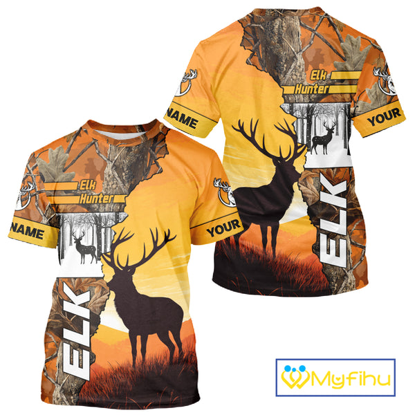Elk Hunting Shirt Personalized 3D All Over Print Orange Autumn camo, Elk Hunting Shirt NHT137
