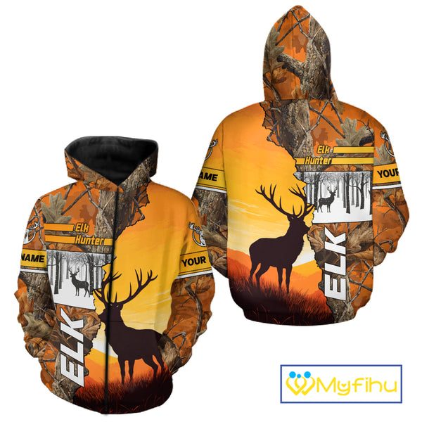 Elk Hunting Shirt Personalized 3D All Over Print Orange Autumn camo, Elk Hunting Shirt NHT137