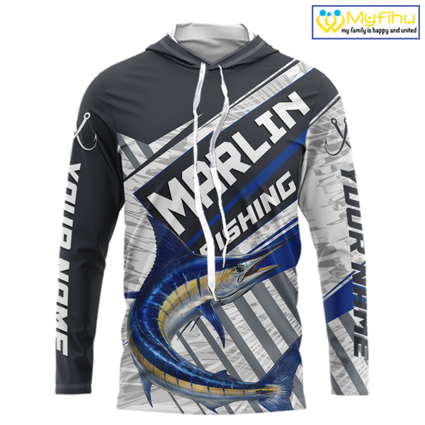 Personalized Marlin Fishing Jerseys For Fishing Team, Marlin Hooded Fishing Shirt Long Sleeve NHT919