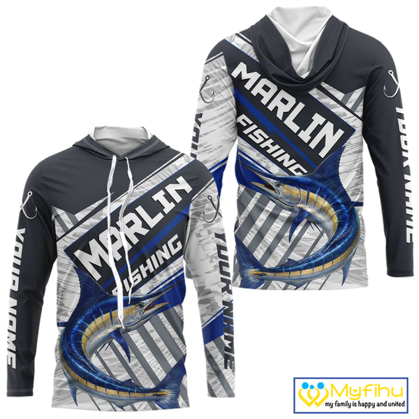 Personalized Marlin Fishing Jerseys For Fishing Team, Marlin Hooded Fishing Shirt Long Sleeve NHT919