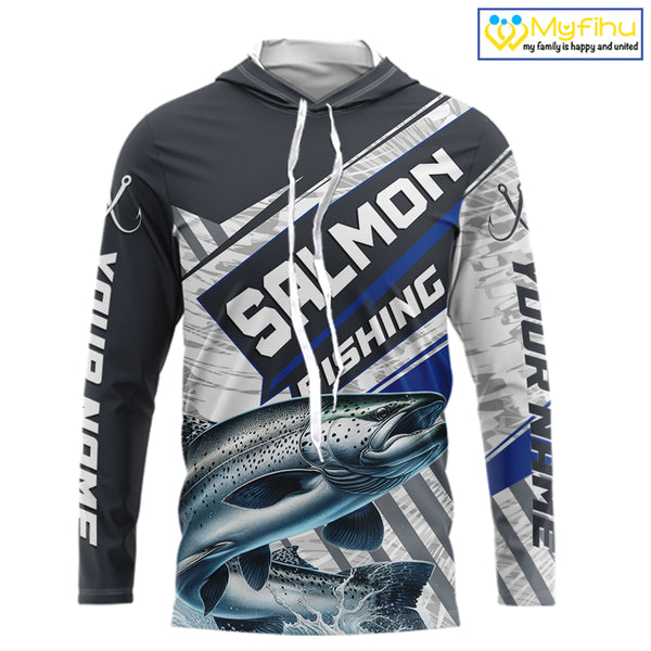 Personalized Chinook Salmon Fishing Jerseys For Fishing Team, Salmon Hooded Fishing Shirt Long Sleeve NHT921