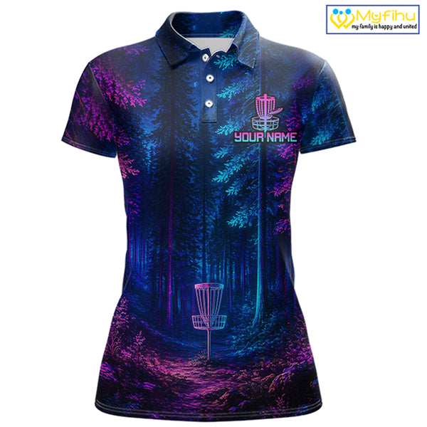 Womens Disc Golf Polo Shirt Custom Forest Neon Disc Golf Basket, Personalized Disc Golf Shirts NHT837