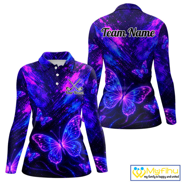 Neon Butterfly Womens Golf Polo Shirt Personalized Team Name Custom Purple Blue Golf Apparel Gift NHT901