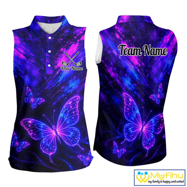 Neon Butterfly Womens Golf Polo Shirt Personalized Team Name Custom Purple Blue Golf Apparel Gift NHT901