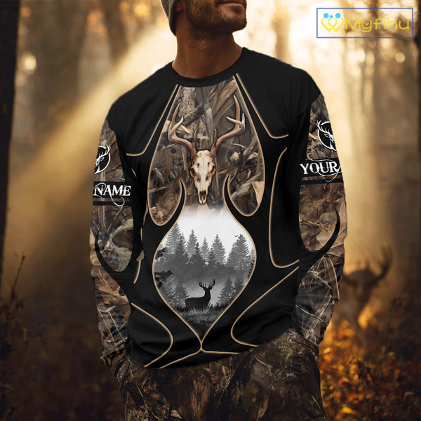 Deer Hunting Shirt 3D All Over Print Skull Deer Personalized Name, Hoodie Hunting For Men NHT363