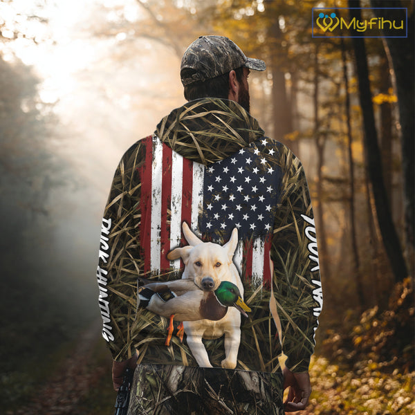 Mallard Duck Hunting Shirt Personalized Camo With Dog Yellow Lab US Flag Hunting Clothes NHT166