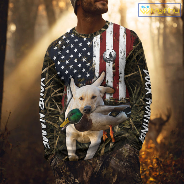 Mallard Duck Hunting Shirt Personalized Camo With Dog Yellow Lab US Flag Hunting Clothes NHT166