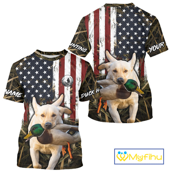 Mallard Duck Hunting Shirt Personalized Camo With Dog Yellow Lab US Flag Hunting Clothes NHT166