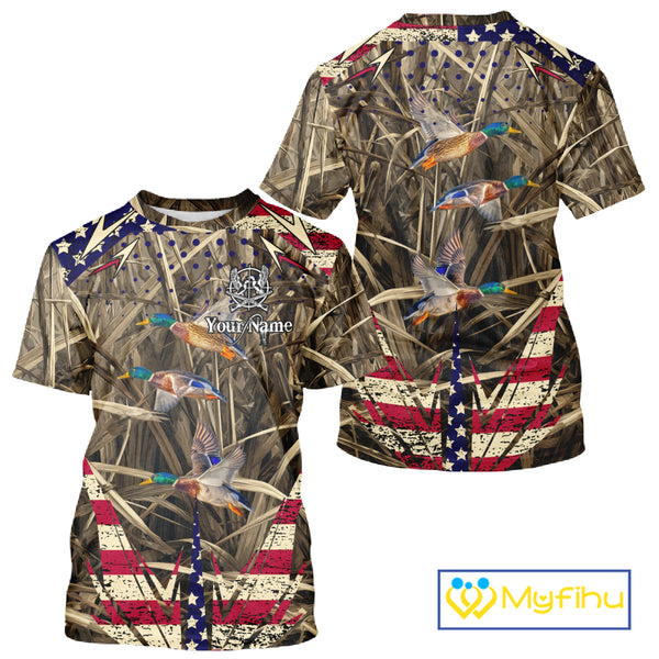 Beautiful Mallard Duck Hunting Waterfowl Camouflage Shirt with US Flag Duck Hunting Season NHT122