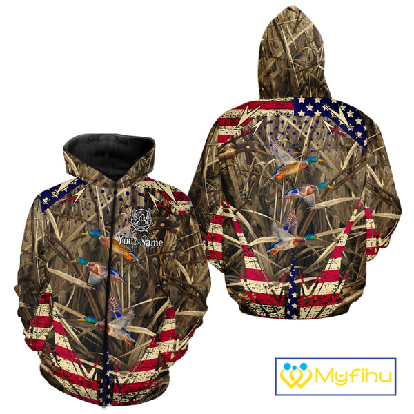 Beautiful Mallard Duck Hunting Waterfowl Camouflage Shirt with US Flag Duck Hunting Season NHT122