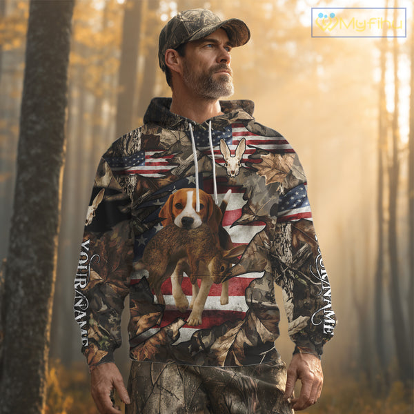 Rabbit Hunting with Beagle Skull 3D US Flag Forest Camo Custom Hunting Shirt – Hunting Gift NHT162